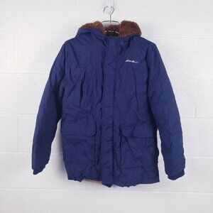 Eddie Bauer Superior Down WeatherEdge Parka Navy Blue Hooded Fleece Lined Kids L